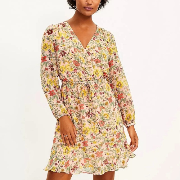 New LOFT M Garden Flounce Peach Floral A Line Long Sleeve Pink NWOT Size Medium - Picture 8 of 9